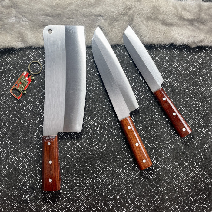 Bộ 3 dao mẫu Nhật: Chặt to, dao thái to, dao gọt hoa quả. Thép trắng không rỉ.