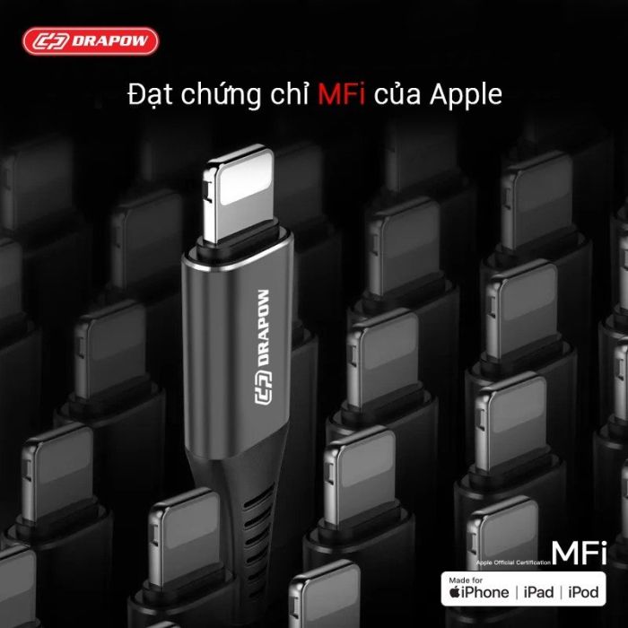 Dây cáp sạc nhanh 1M iPhone chuẩn MFI hãng DRAPOW CF23