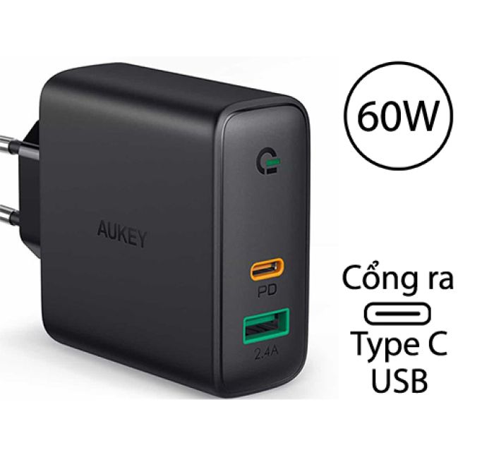 Củ Sạc Nhanh 60W Aukey PA-D3 , 2 cổng USB 12W + Type C 60W sạc tốt iPhone 15 / Macbook