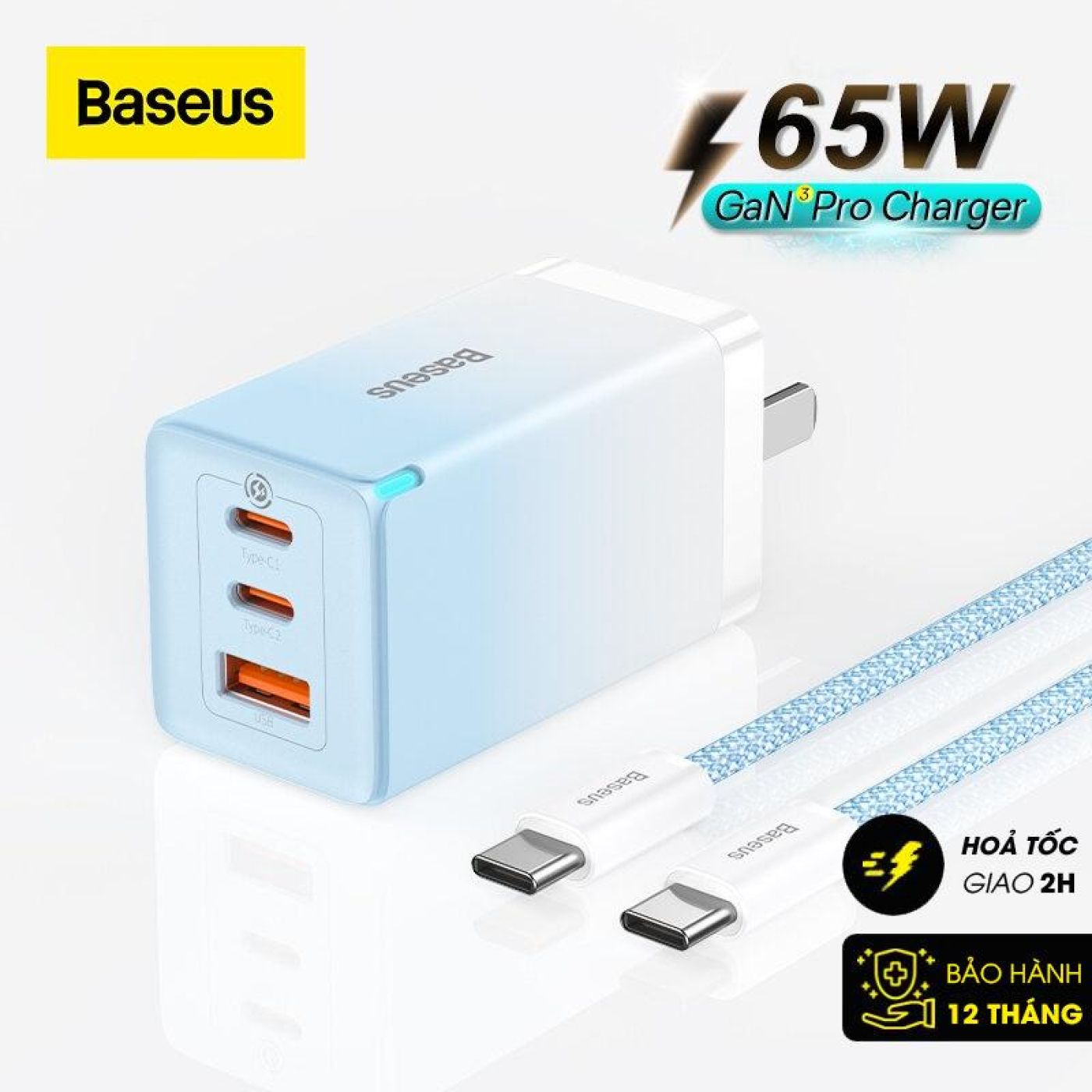 Bộ sạc nhanh Baseus GaN5 Pro Quick Charger 65W (Type Cx2 + USB , PD3.0/ PPS/ QC4.0/ SCP/FCP - Trắng