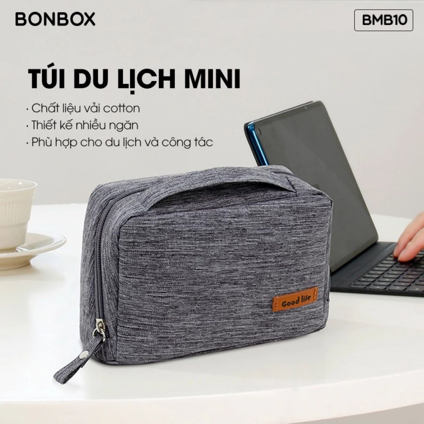 Túi Du Lịch Mini Bonbox BMB10 Vải Cotton Chống Thấm Nước Đựng Mỹ Phẩm Sạc Phù Hợp Du Lịch Công Tác