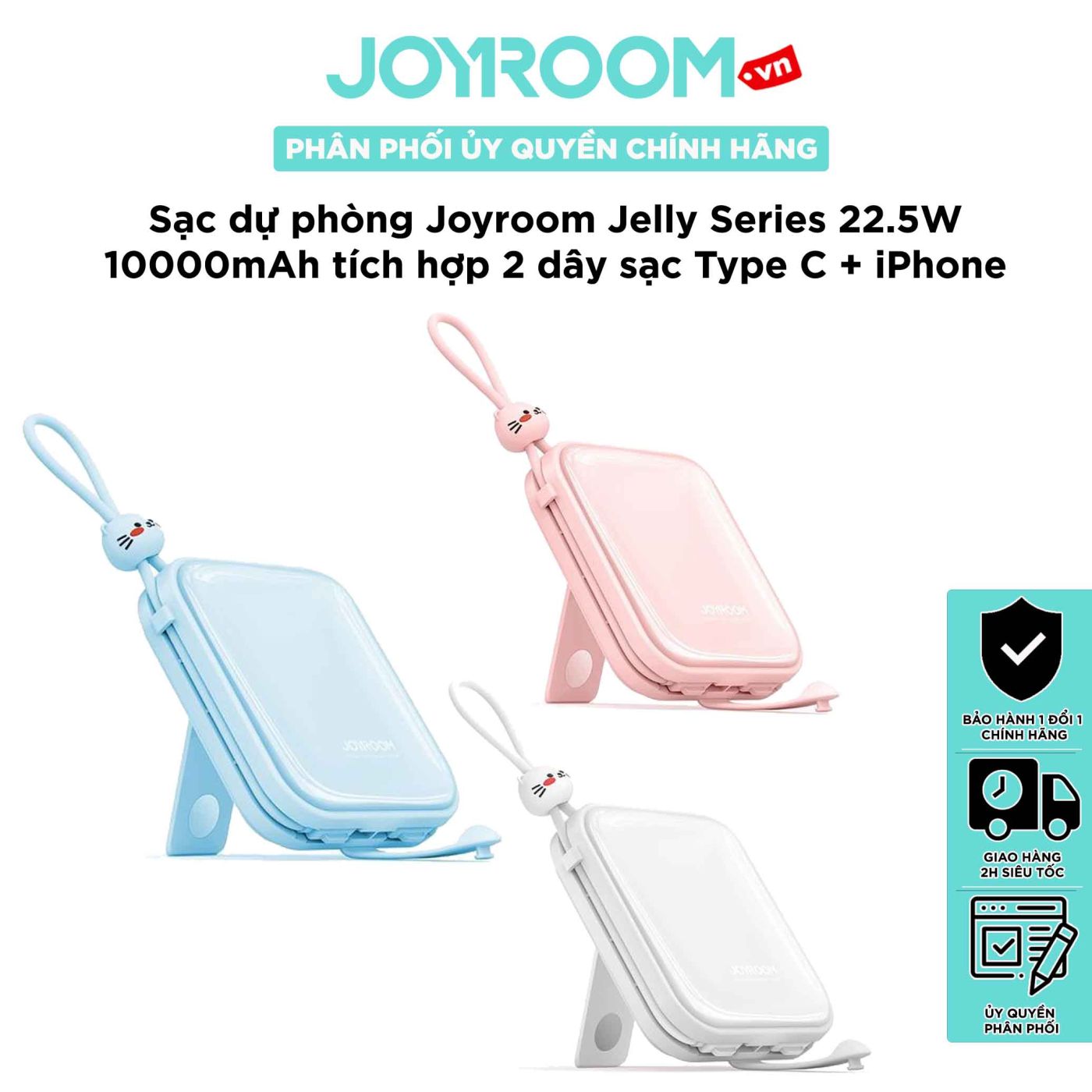 Sạc dự phòng Joyroom Jelly Series 12W Power Bank 10000mAh tích hợp 2 dây sạc USBC + iPhone
