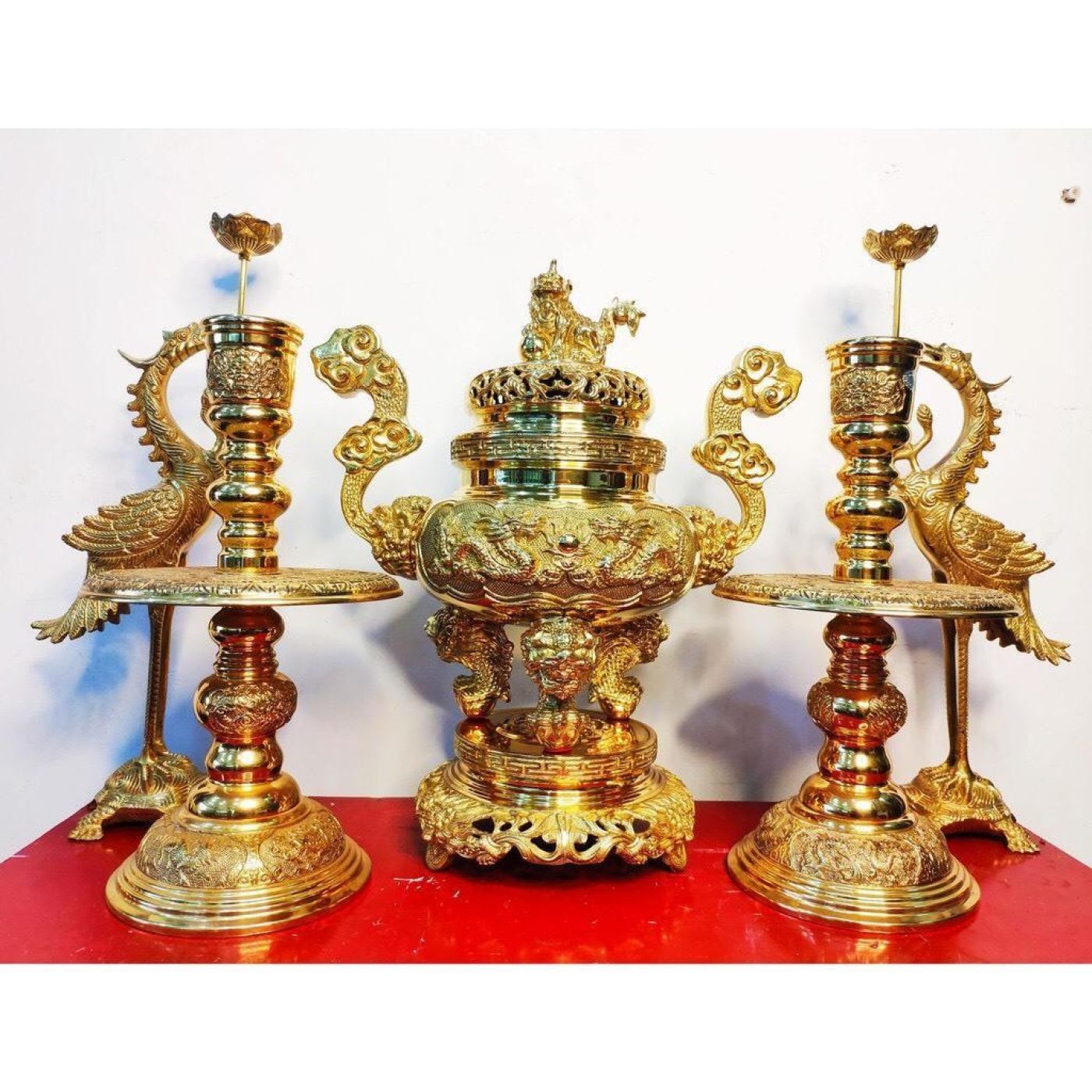 Bộ Đỉnh Đồng, Đỉnh , Hạc , Chân nến Phong Thủy, bằng Đồng Vàng - 45cm
