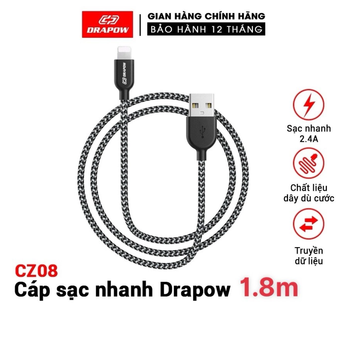 Cáp sạc dây dù iPhone 1.8 mét - DRAPOW CZ08 siêu bền chống đứt
