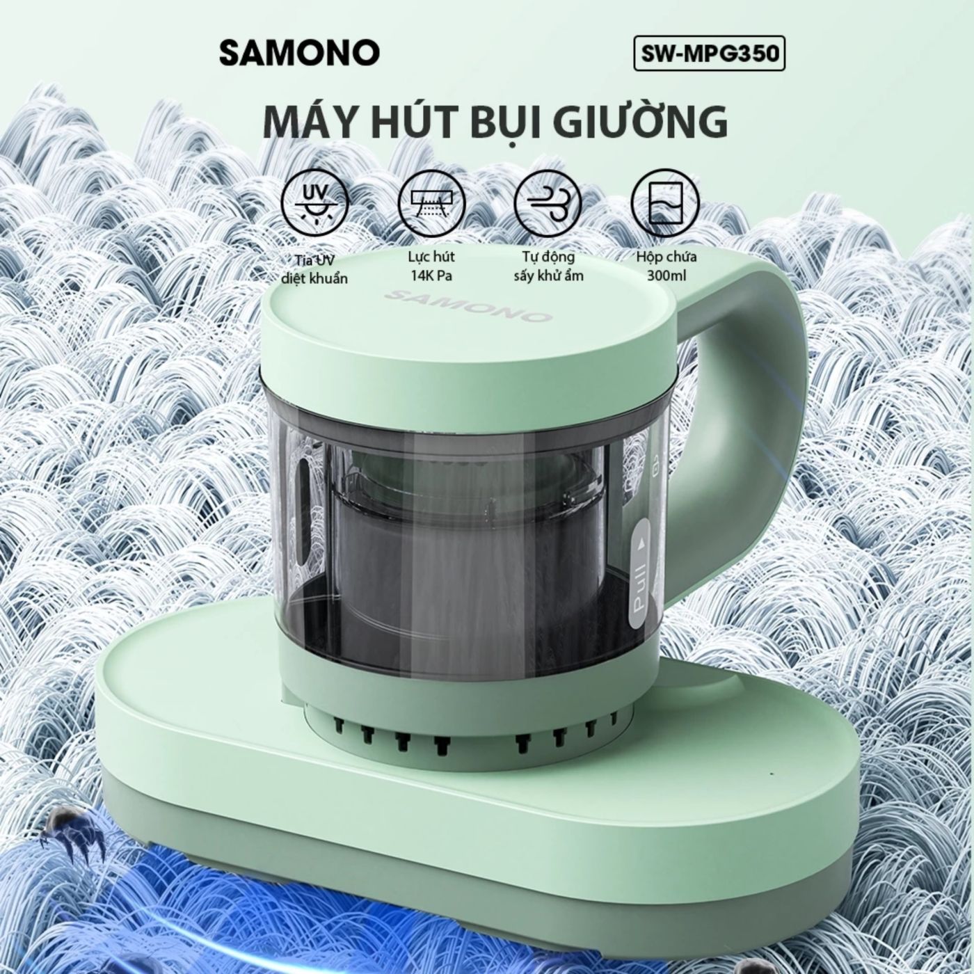 Máy hút bụi nệm giường Samono SW-MPG350, lực hút mạnh 14KPA, hộp chứa 300ml, tia UV diệt khuẩn