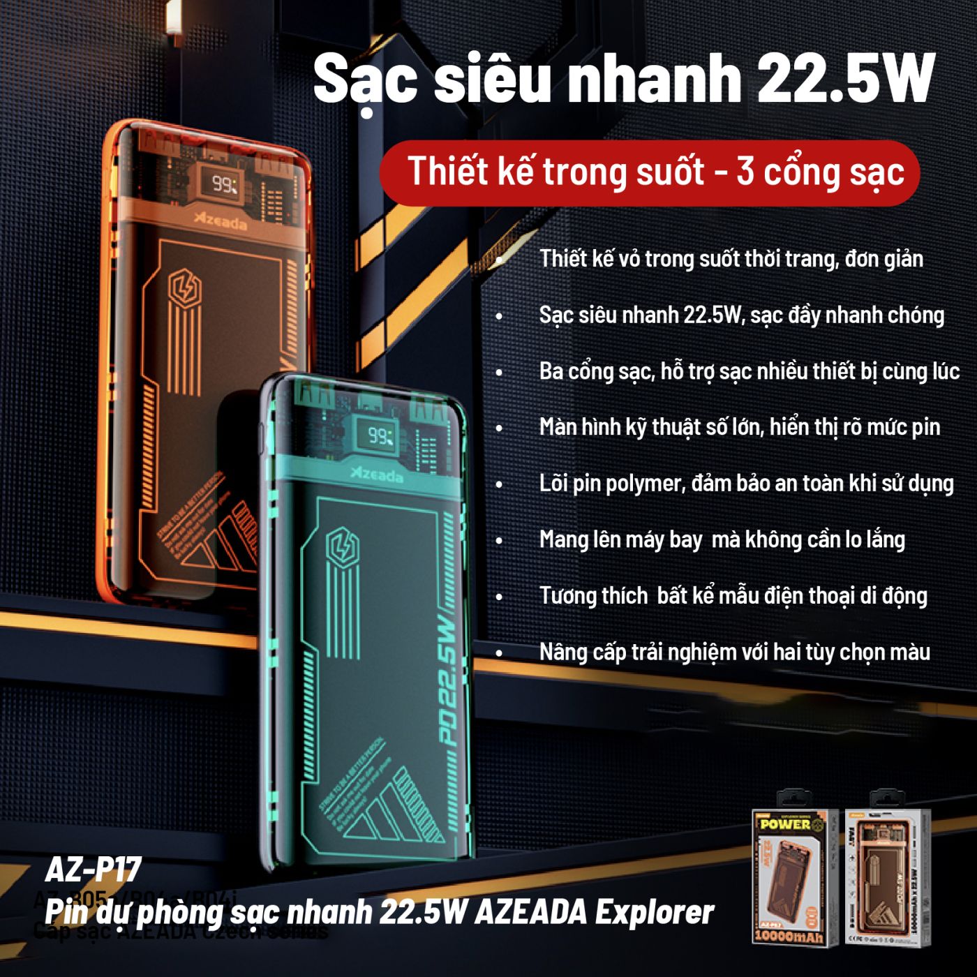 Pin dự phòng Azeada AZ-P17 10000mAh - Thiết kế trong suốt, có màn led hiển thị pin, hỗ trợ sạc nhanh