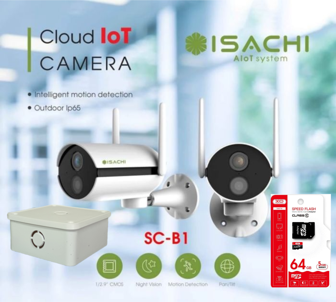 Combo iot Camera ngoài trời ISACHI SC-B1 + Thẻ 64Gb + Hộp Kỹ Thuật - Full VAT - BH 24 Tháng