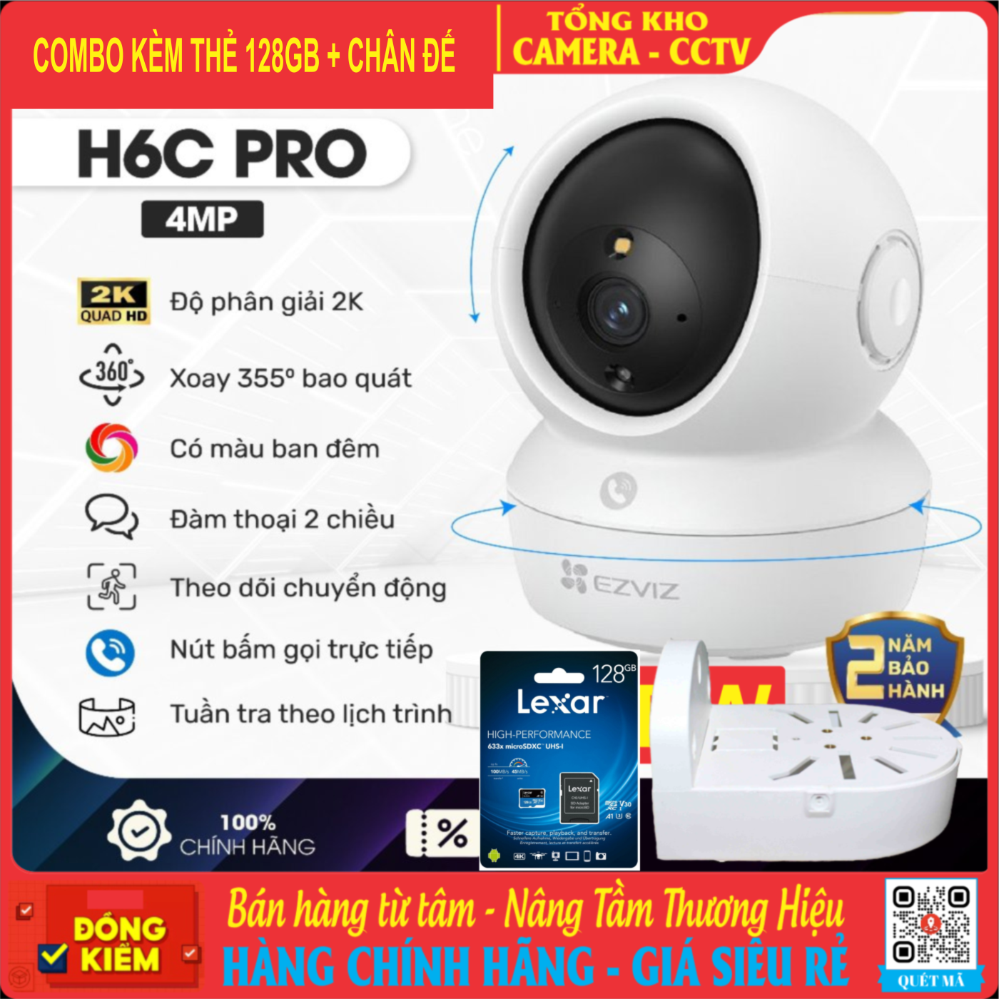 Combo Camera EZViz H6C PRO 4MP + Thẻ 128GB LEXAR + Chân Đế Chữ L ( Chính Hãng Bảo Hành 2 Năm)
