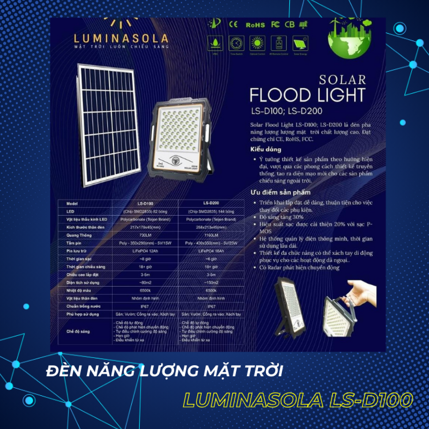 Đèn năng lượng mặt trời Luminasolar LS-D100 (100W)