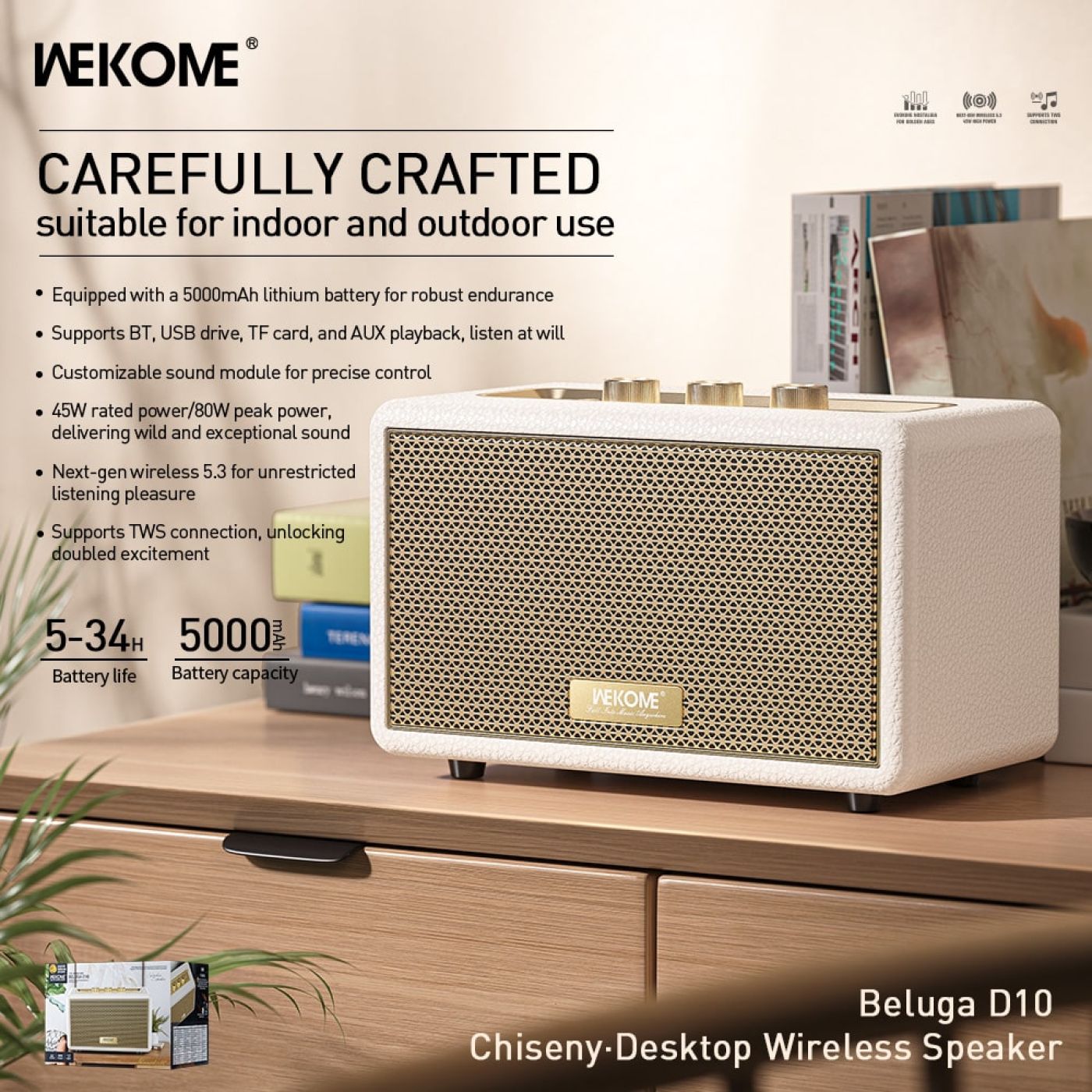 Loa Bluetooth WEKOME Carefully Crafted suitable for indoor and outdoor use Beluga D10 Wireless Speak