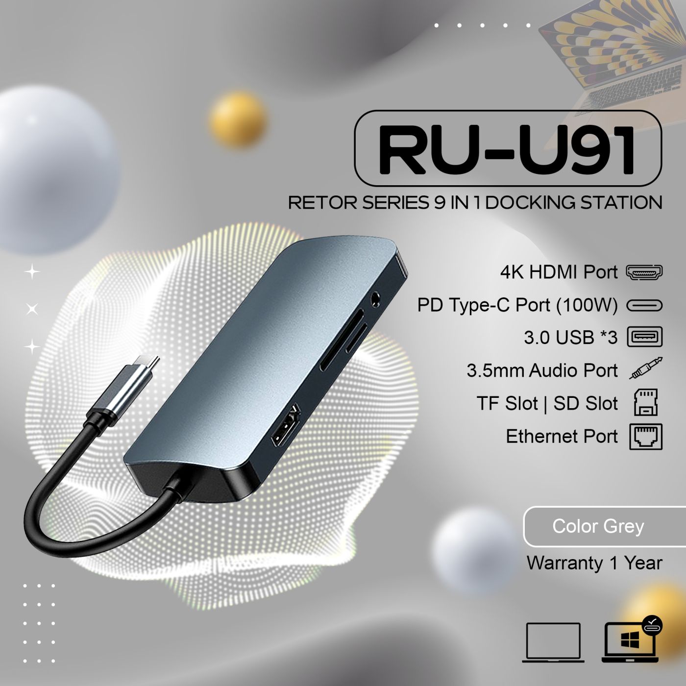 Hub chuyển đổi đa năng 9 in 1 Remax RU-U91 Macbook và laptop có cổng type C tương thích