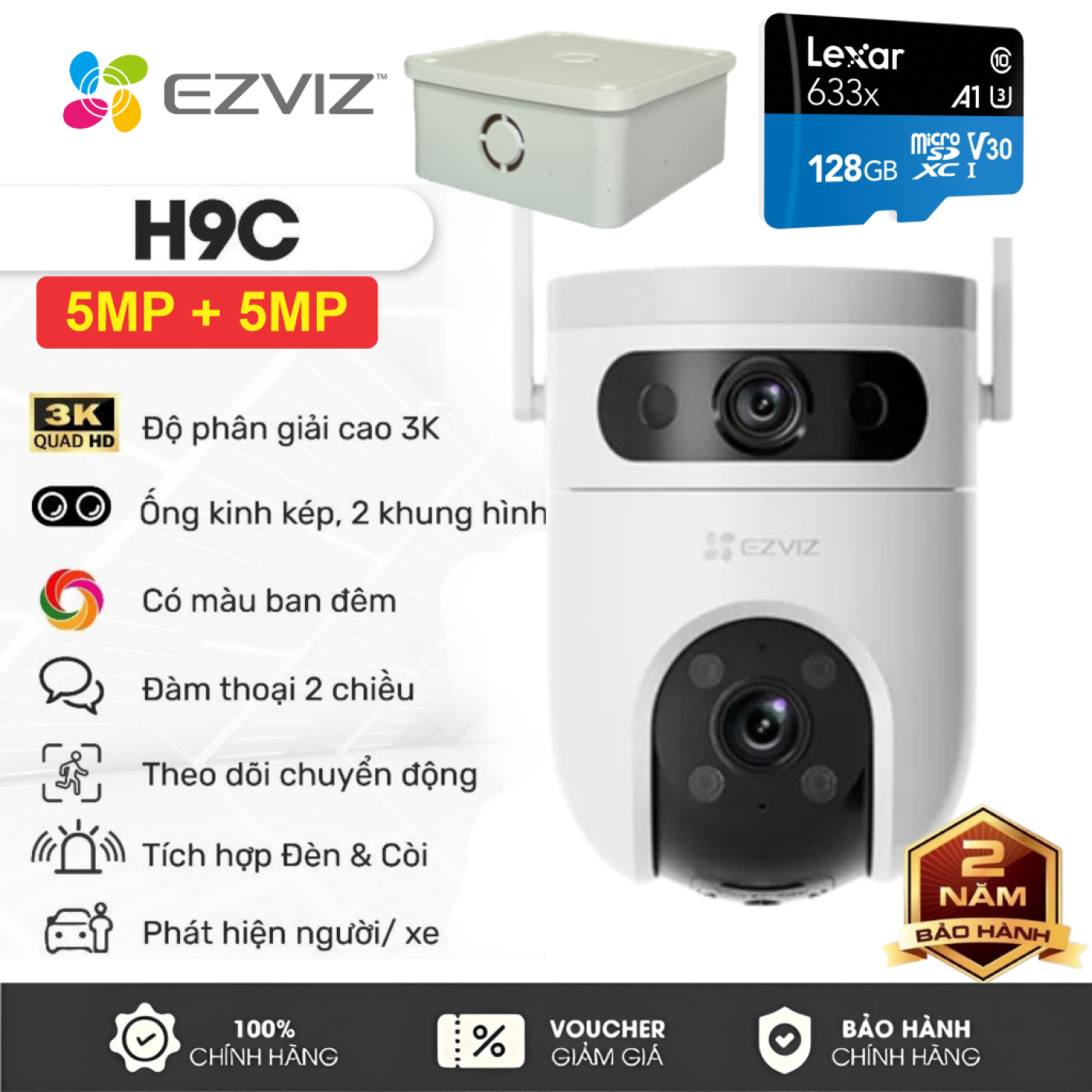 Combo Camera Ngoài Trời Ezviz 2 Mắt (5MP+5MP) H9C + Thẻ 128GB + Hộp Kỹ Thuật