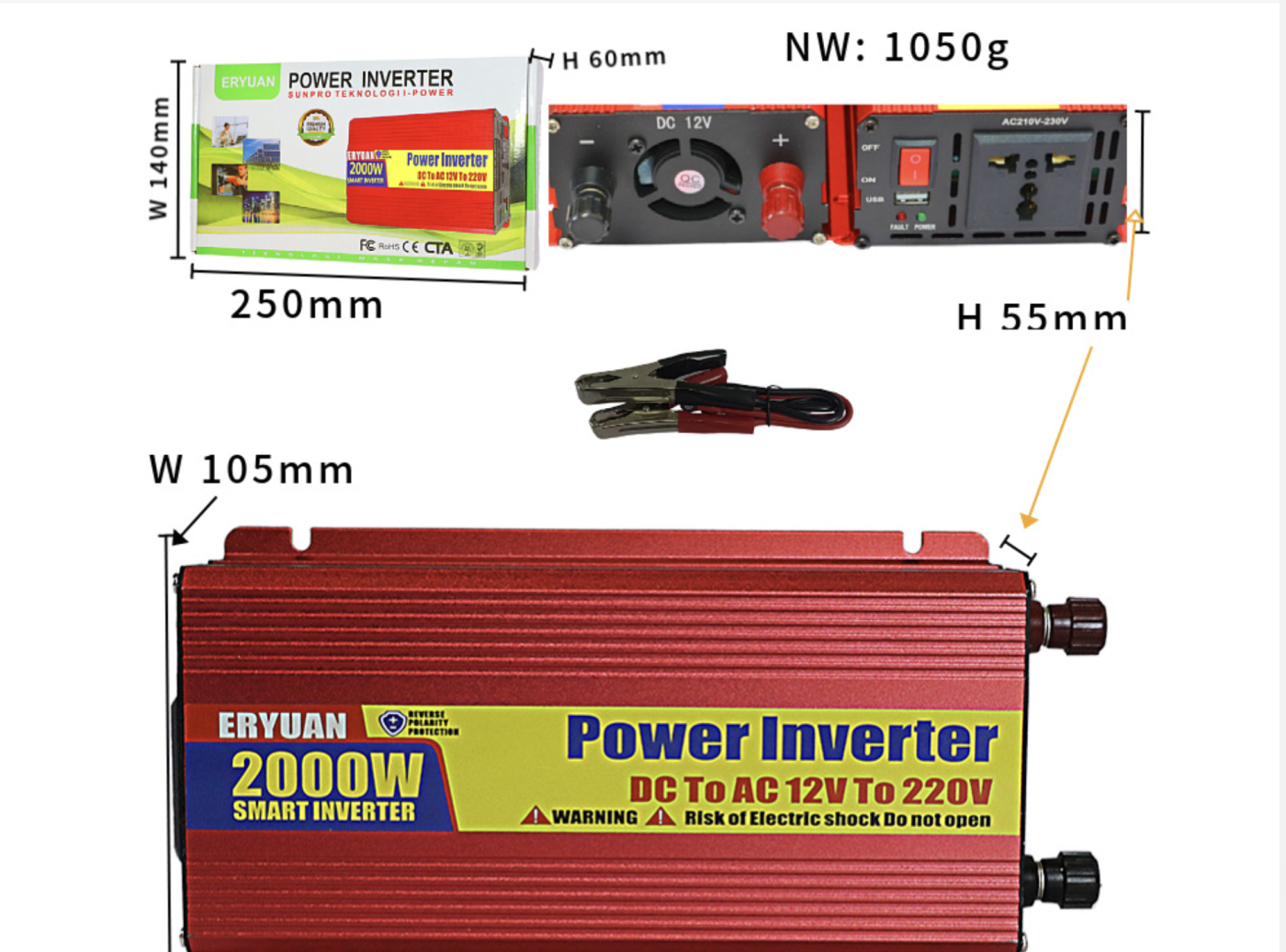 Bộ Kích Điện Inverter công suất 2000W; Chuyển 12V lên 220V Sóng Vuông, đủ chứng nhận CE, FCC,ROH