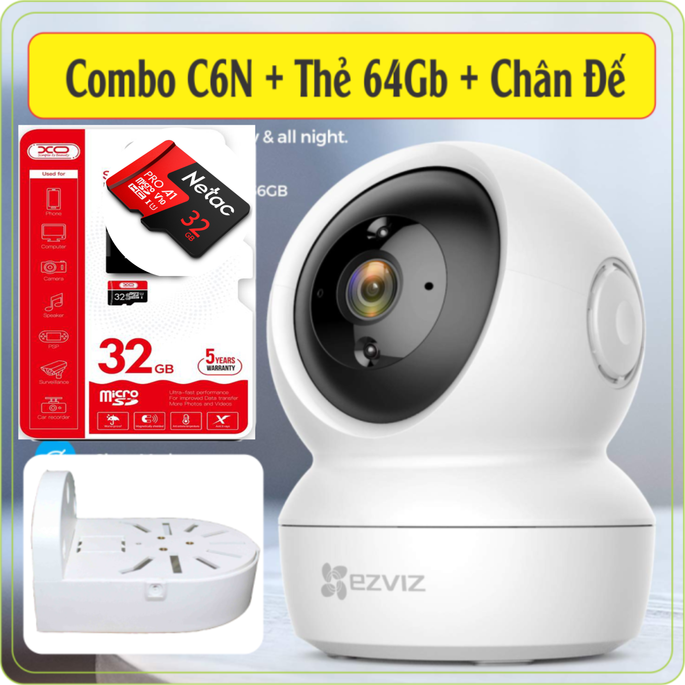 Combo Camera EZViz C6N Full HD 1080 + Thẻ 32GB XO/NETAC + Chân Đế Chữ L ( Chính Hãng Bảo Hành 2 Năm)