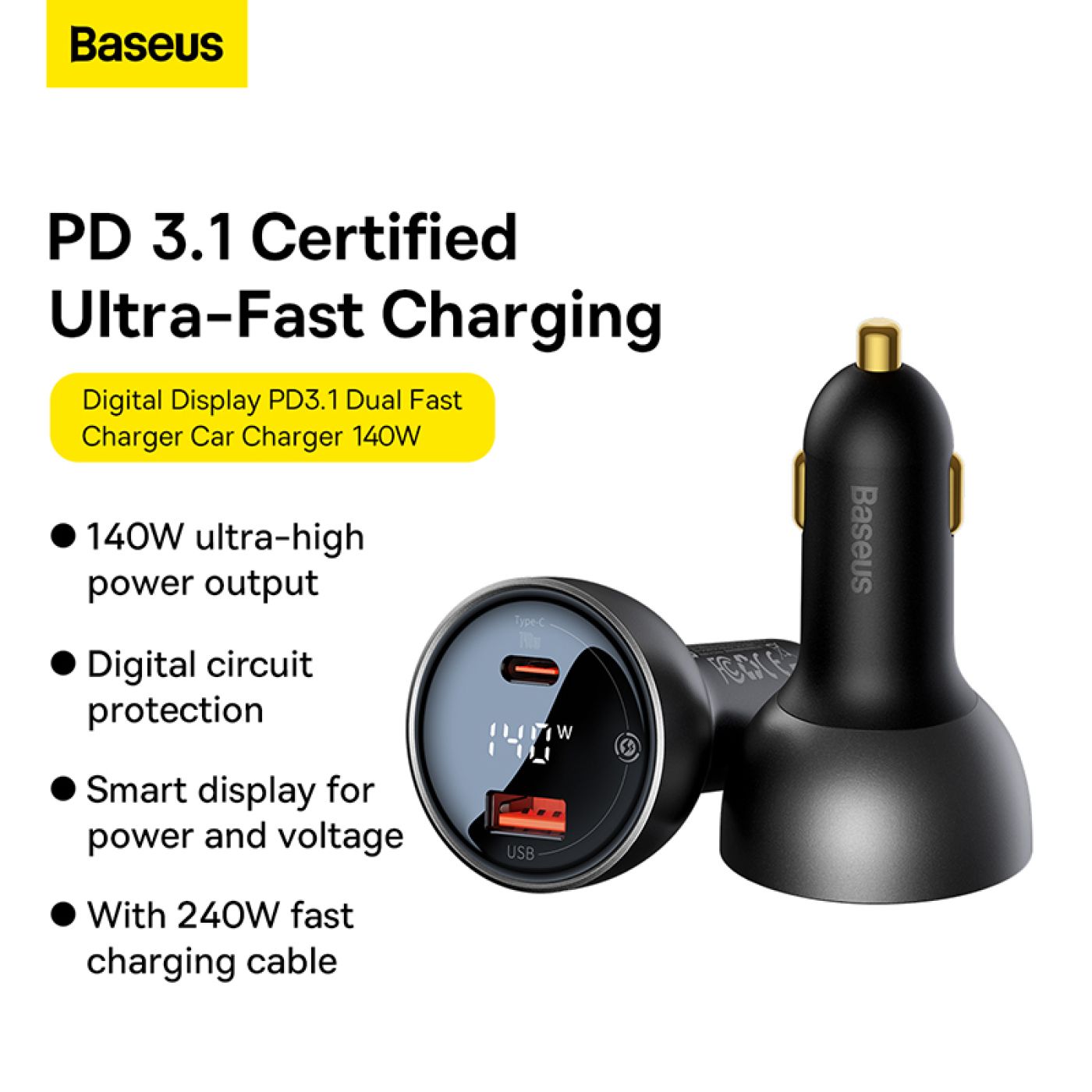 Tẩu Sạc Nhanh Baseus Digital Display PD3.1 Dual Fast Charger Car Charger U+C 140W