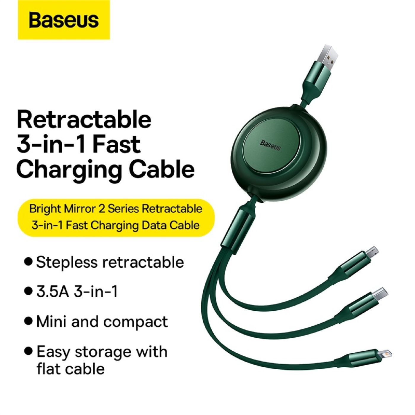 Cáp sạc dây rút 3 đầu Baseus Bright Mirror 2 Series Retractable 3-in-1 Fast Charging Data Cable