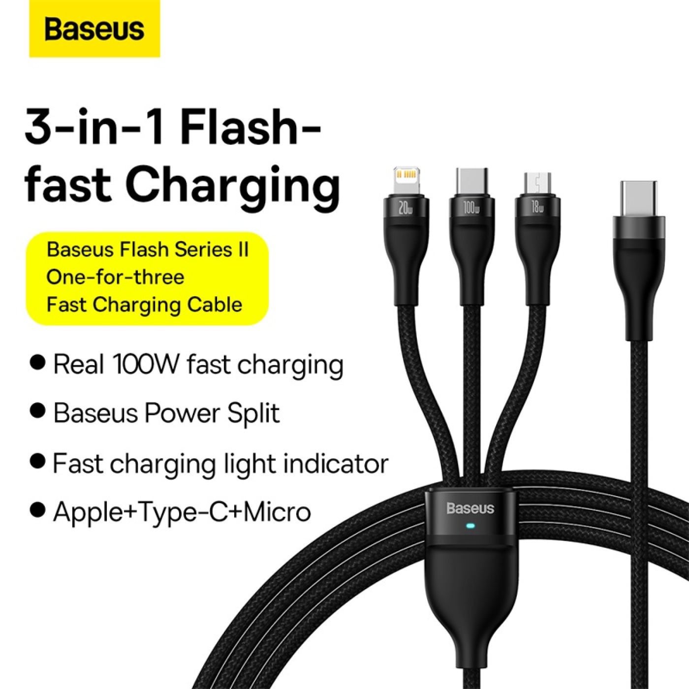 Cáp sạc nhanh 3 đầu Baseus Flash Series Ⅱ One-for-three Fast Charging Cable Type-C to M+L+C 100W
