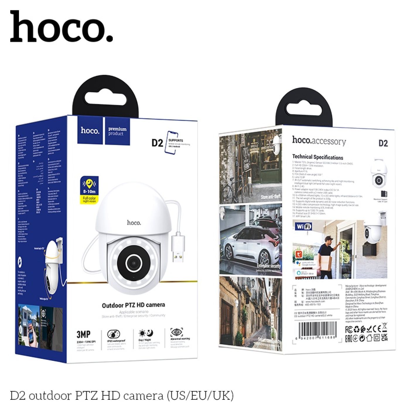 Camera không dây Hoco D2 ngoài trời, Độ phân giải 3 triệu full HD 2304 * 1296, chống nước IPX65