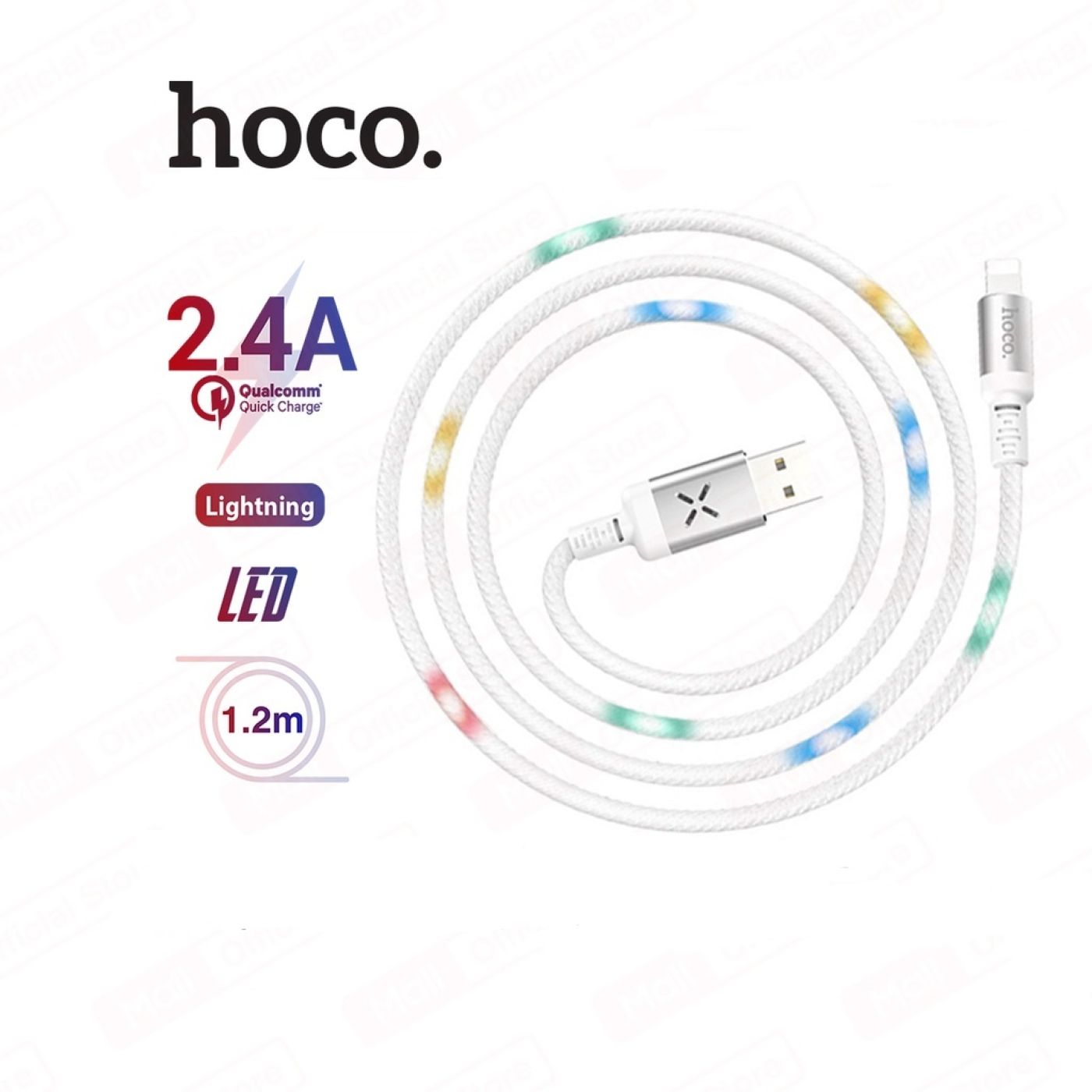 Cáp sạc nhanh Lightning Hoco U63 nguồn ra 2.4A Max, có đèn LED phát sáng khi sạc trên dây