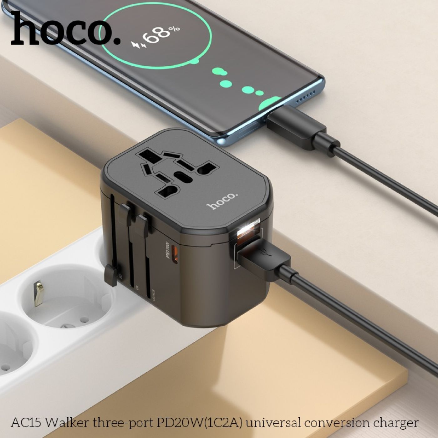 Củ sạc đa năng Hoco AC15 AC230V 1840W AC110V 880W (1 ổ cắm + 2 cổng USB + 1 cổng typeC) PD20W QC3.0